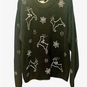Vintage Christmas Sweater with Hand Embroidered Silver Reindeer and Snowflakes